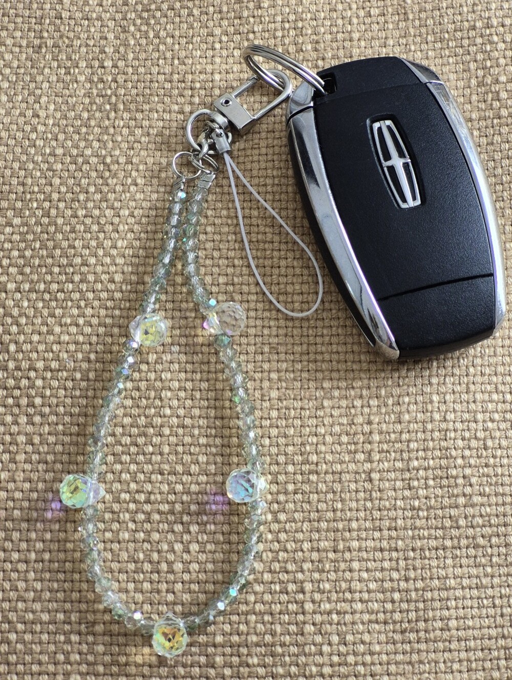 Faceted Iridescent Glass Beaded Bag Charm / Keychain - Lt. Green